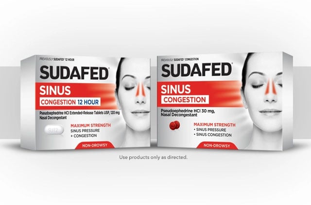 SUDAFED® Sinus Congestion 12 Hour & SUDAFED® Sinus Congestion products, front of the packages
