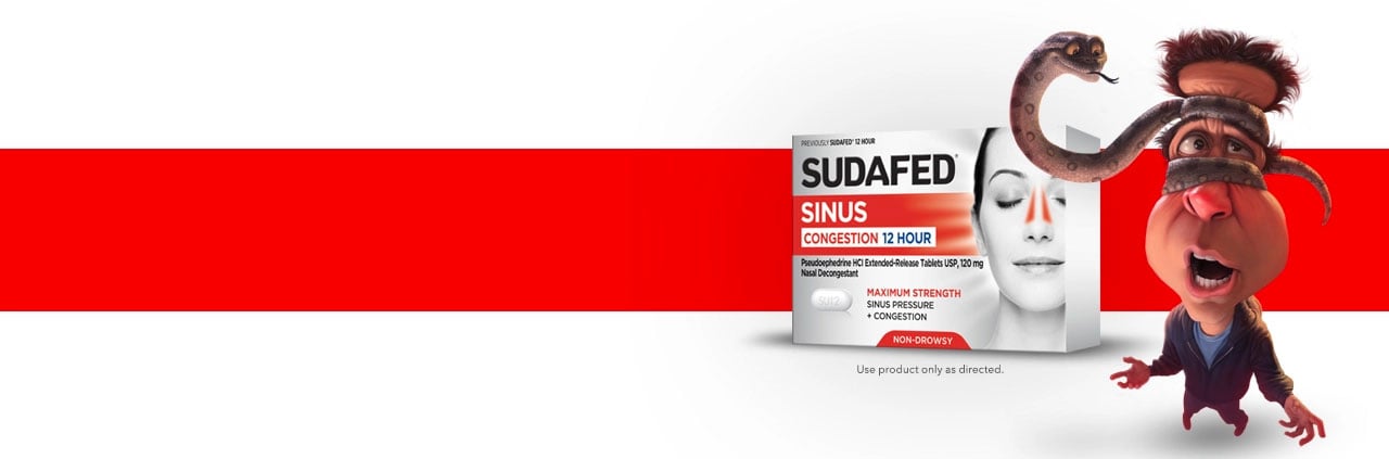 Snake man character with SUDAFED® Sinus Congestion 12 Hour product