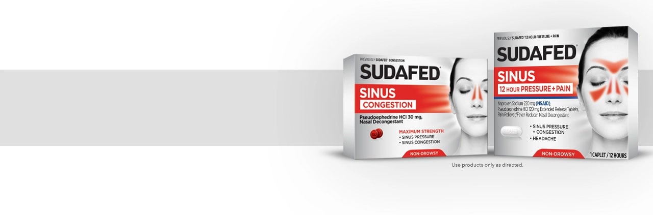 SUDAFED® Sinus Congestion & SUDAFED® Sinus 12 Hour Pressure + Pain products, front of the packages