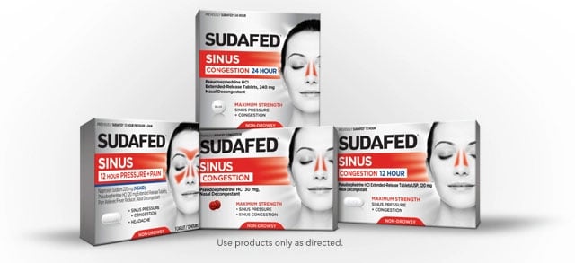 4 packages, front of pack of SUDAFED® Sinus products