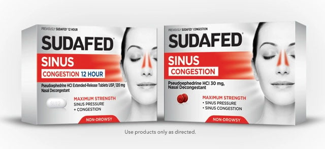 SUDAFED® Sinus Congestion 12 Hour & SUDAFED® Sinus Congestion products, front of the packages